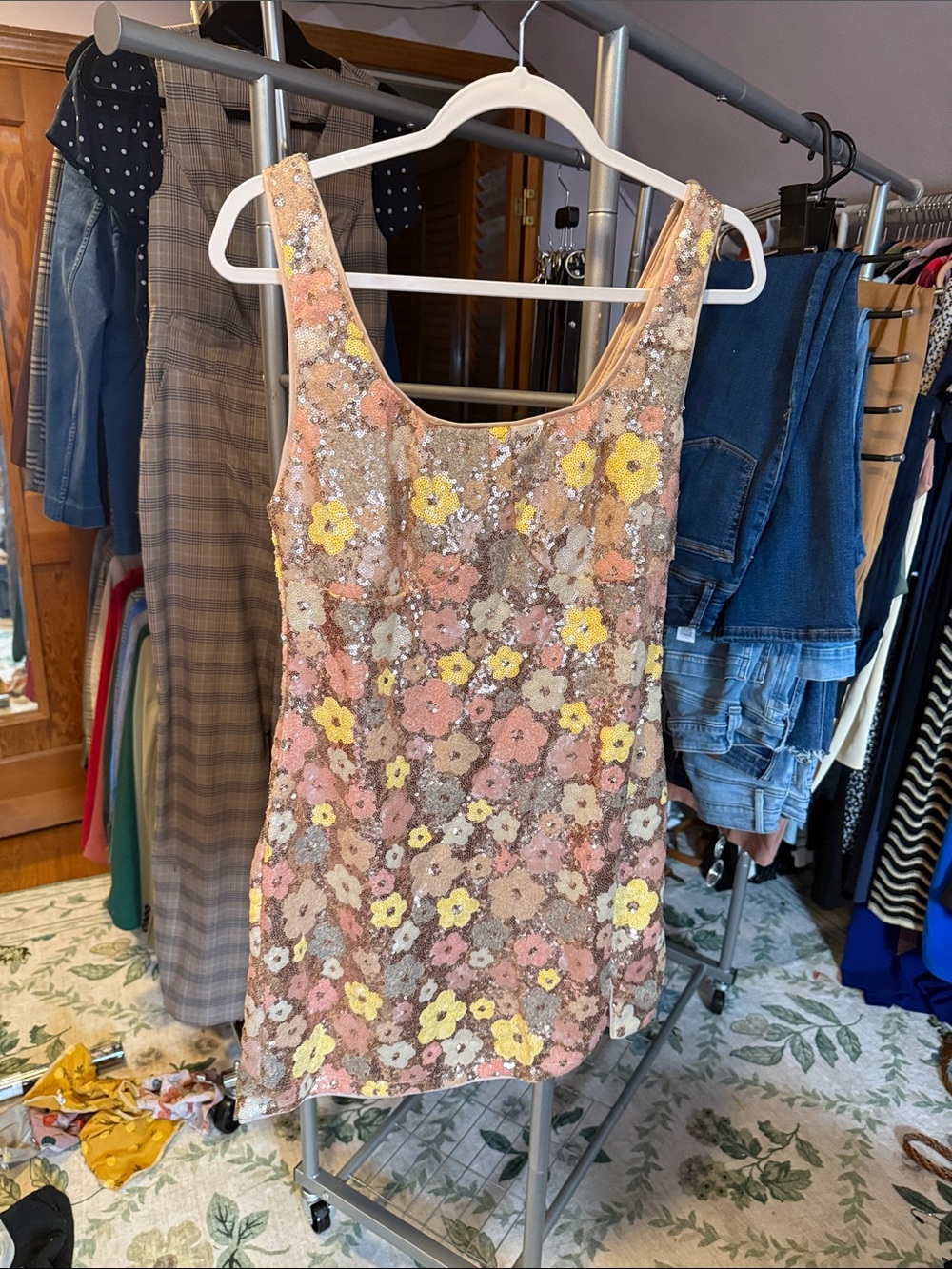 Sequin Floral Mini Dress- Pink & Yellow
